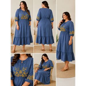 Sweet Salt Womens Blue Embroidered Floral Midi Dress Tie Neck 3/4 Sleeve 18/20